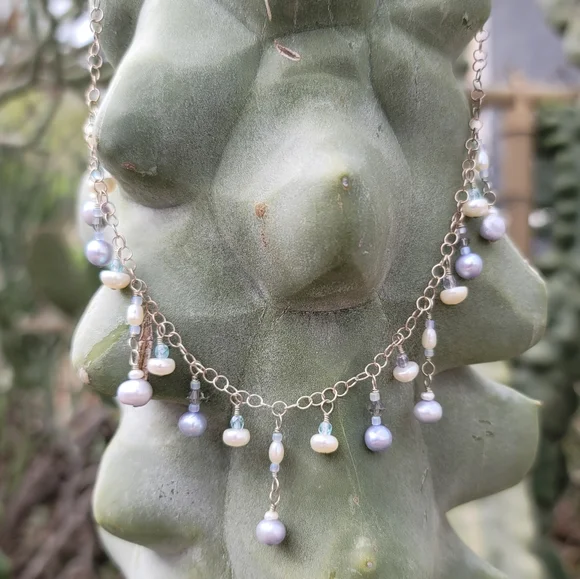 USA Handmade Necklace hand-wire-wrapped Freshwater pearl sterling silver & glass - Picture 2 of 7